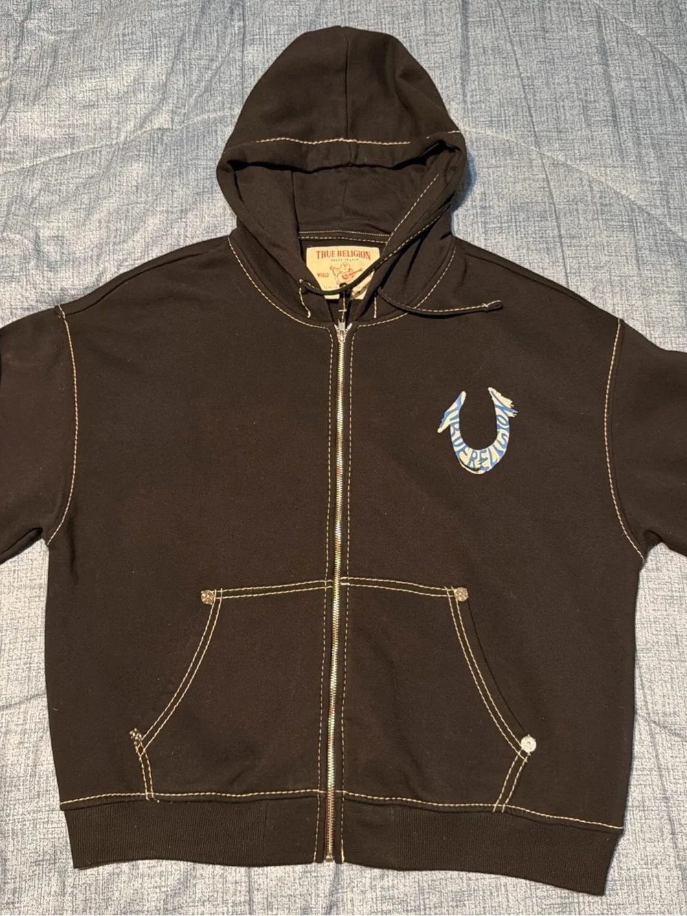True Religion Black Zip-Up Hoodie with Horseshoe Patch